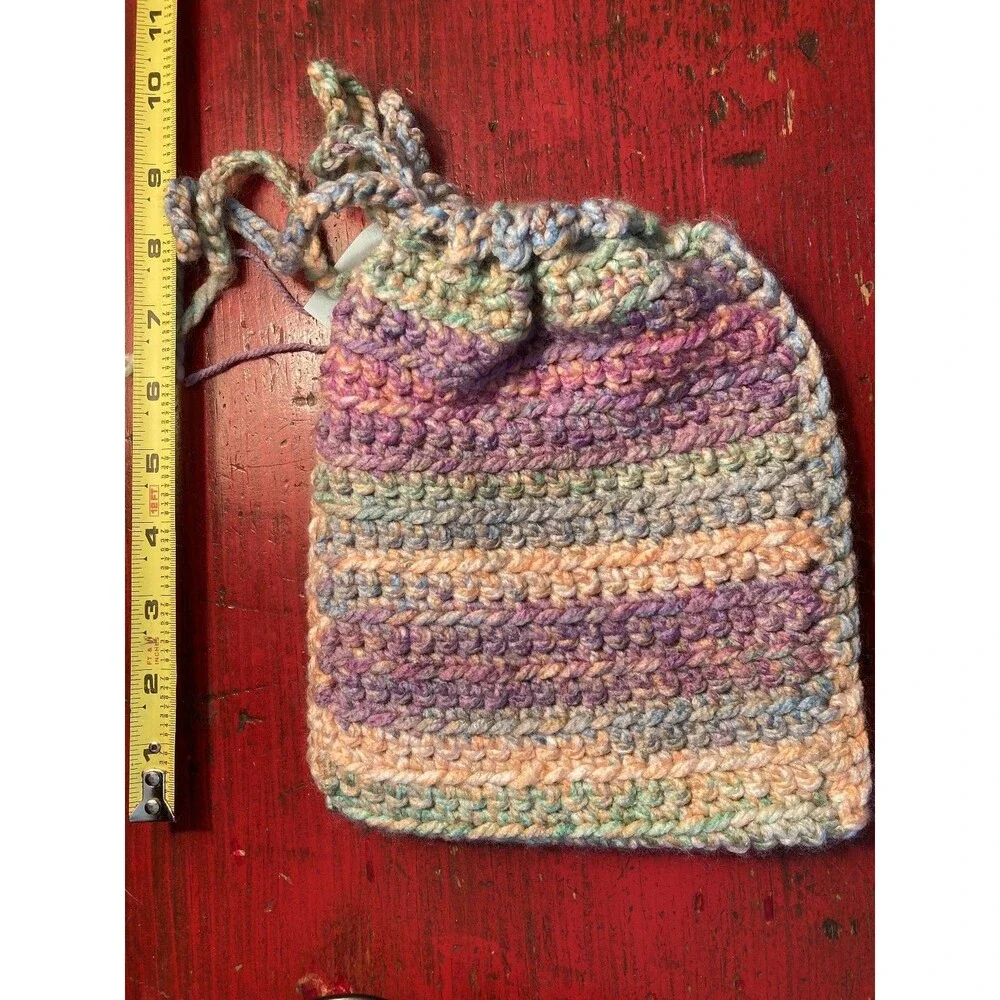 PURPLE CAT CRAFTS Handmade Bag Crocheted Drawstring Pouch Yarn Multicolor